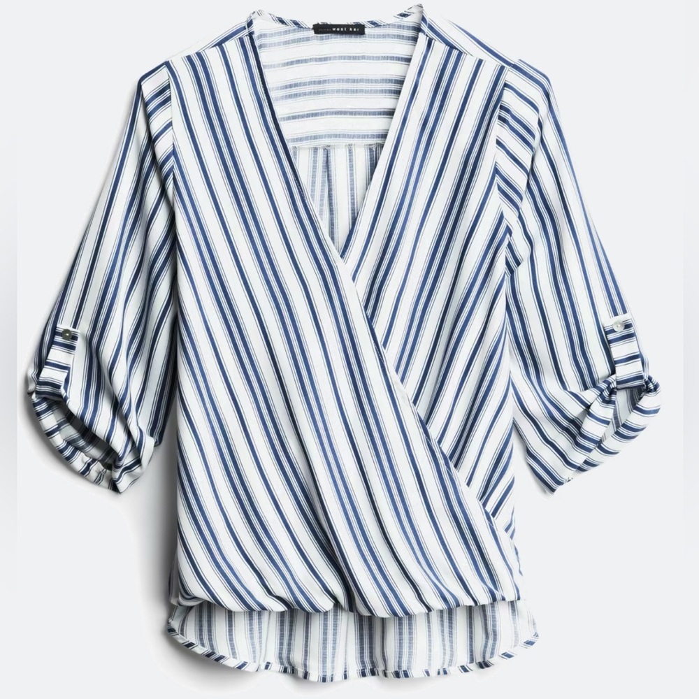Beacon White Wrap Blouse with Blue Stripes